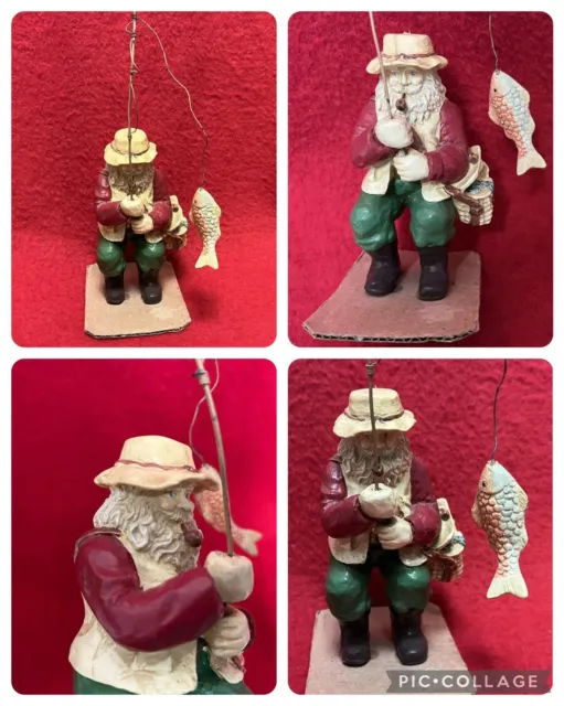 Fishing Fisherman Santa Claus with fishing Pole Basket Fish Christmas Figure