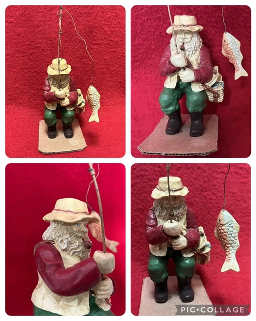 Fishing Fisherman Santa Claus with fishing Pole Basket Fish Christmas Figure