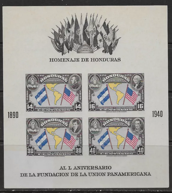 HONDURAS , 1940 , 50th ANNIV. PAN AMERICAN UNION , SOUVENIR SHEET IMP  , MNH,$16