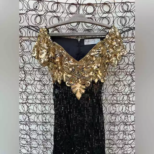 80S OLEG CASSINI glam black gold bead sequin off the shoulder maxi ...