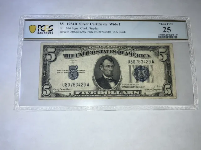 1934D $5 Silver Certificate Note Wide I PCGS VF Very Fine 25