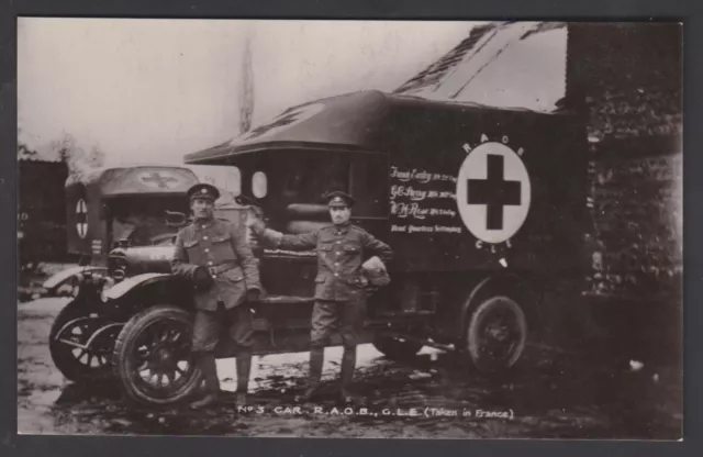 WW1 MILITARY RED CROSS AMBULANCE SOLDIERS R.A.O.B No3 CAR REAL PHOTO POSTCARD