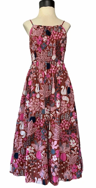 KATE SPADE GARDEN Posy Midi Dress Size 00 Floral Pockets Cats