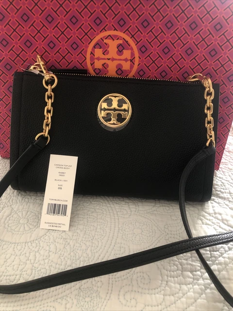 TORY BURCH CARSON Zip Top Crossbody Handbag Clutch Black Leather New with  Tags $ - PicClick