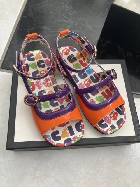 NIB 100% AUTH Gucci Toddler Beatrice Orange/Purple Patent Leather Flat Sandals