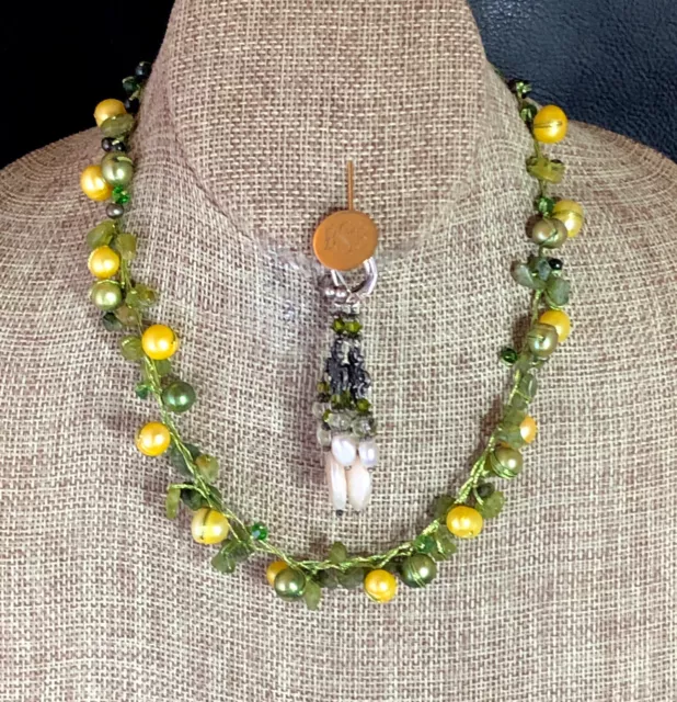 Freshwater Pearl Peridot Bead Necklace Yellow Lemons Green Limes +Earrings 6855