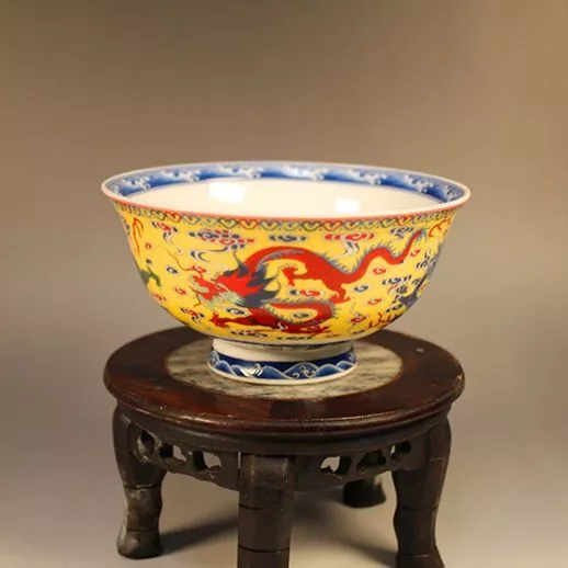 Qianlong Pastel Yellow Bottom Dragon Bowl, Qing Dynasty Antiquities replica