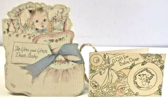Vintage A.M Davis New Baby Greetings Card & Gift Tag 1930s-1940s