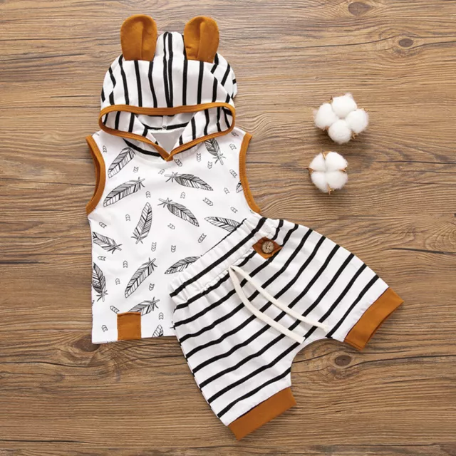 Newborn Baby Boy Girl Hooded Feather T shirt Tops Striped Shorts Pants Clothes