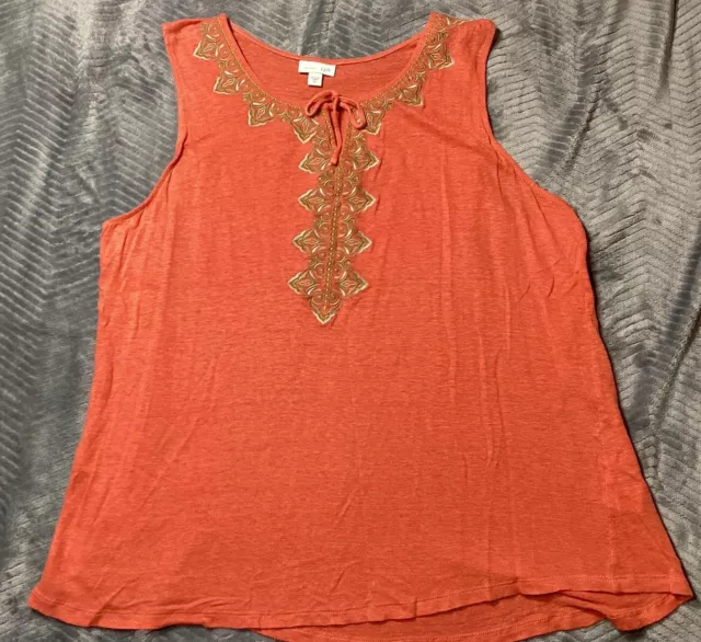 Womens J.Jill Love Linen Embroidered Tie Neck Tank Top XL Coral Orange