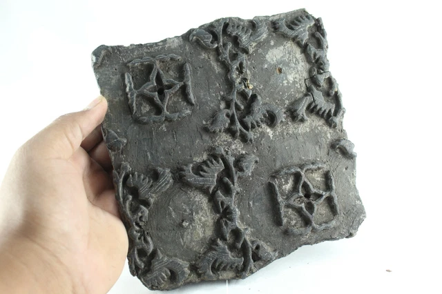 Indian Printing Block Old Black Wood Stamp Wooden Handcarved Unique Textile Art