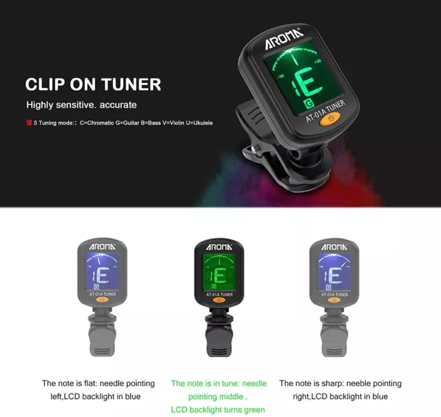 Clip-On LCD Digital Tuner for Guitar, Bass, Violin, Ukulele, Chromatic AT-01A 3