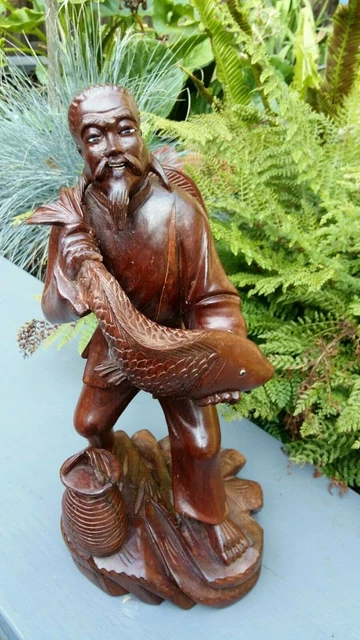 Chinese hardwood carved fisherman statue very ornate nice look