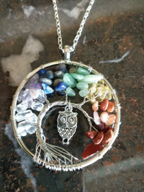 Pendant Necklace Natural Gemstone Tree of Life Owl Crystal 18" Chain Necklace