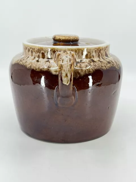 Rubel Oven Proof USA Brown Drip Glaze Cookie Jar / Bean Pot Stoneware Lid VTG 6"