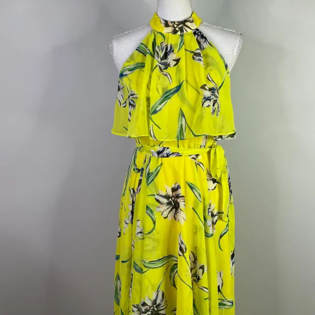 Eliza J Dress Womens Size 2 Yellow Floral Halter Neck Ruffle Maxi Belted 3