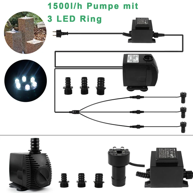 SPRINGBRUNNENPUMPE GARTENBRUNNEN MIT 3x LED Ring Beleuchtung f