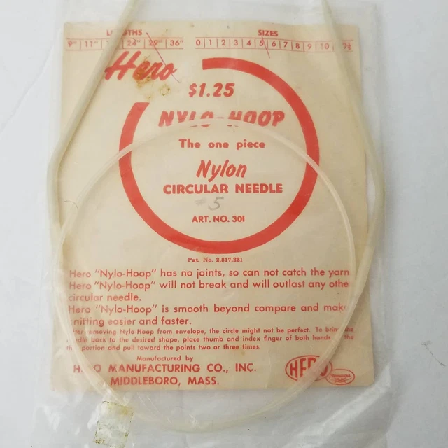 Aguja de tejer circular vintage de aro de nailon héroe 29" talla 5