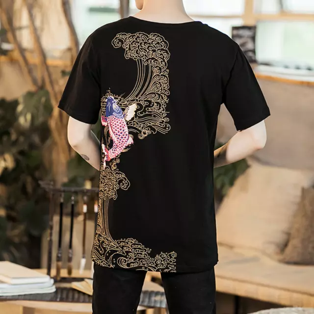 Uomo Cinese Pesce da Laghetto Koi T-Shirt Misto Cotone Manica Corta T-Shirt Top 3