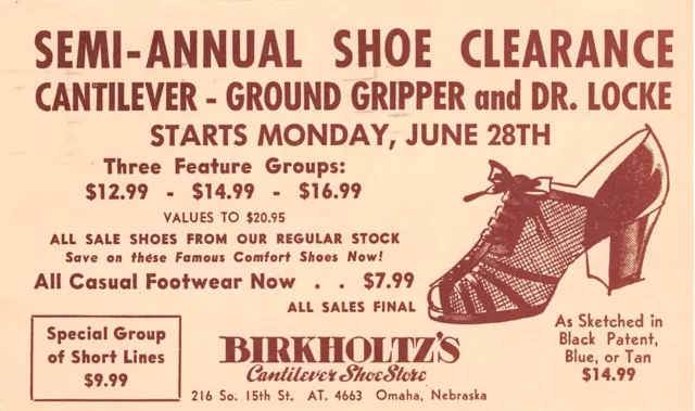 1954 Omaha Nebraska NE Birkholtz’s Cantilever Shoe Store Sale Advertising PC