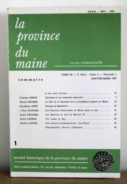 La province du Maine  Tome 89 - 5e série - Tome 1 – Fascicule 1  Sarthe Mayenne