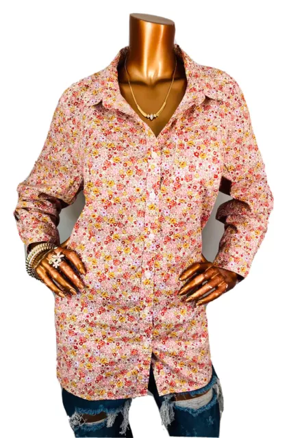 Lands’ End 1X Top Floral Prints No-Iron Button Up Shirt Blouse Long Slvs Collar