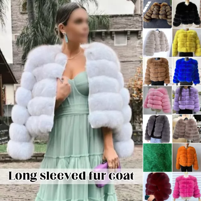 Faux Fur Crew Shaggy Jacket Collarless Winter Warm Short Coat Long Sleeve S-5XL