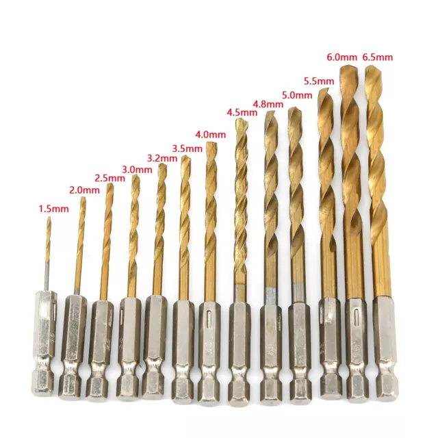 13Pc SMALL-LARGE TITANIUM HSS DRILL BIT SET Wood/Plastic/Metal 1/4 HEX SHANK US