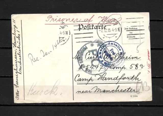 DR Germany WAR PRISONER WW1 postcard HAMBURG 7/12/1915 to GB PRISONER CAMP DR Germany WAR PRISONER WW1 postcard HAMBURG 7/12/1915 to GB PRISONER CAMP