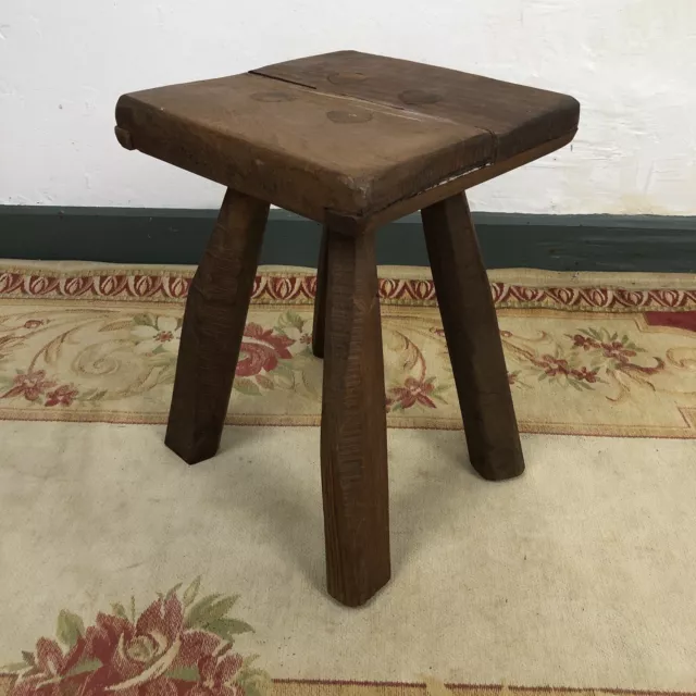 Antique Oak Rustic French Milking Stool Old Fireside Stool Primitive