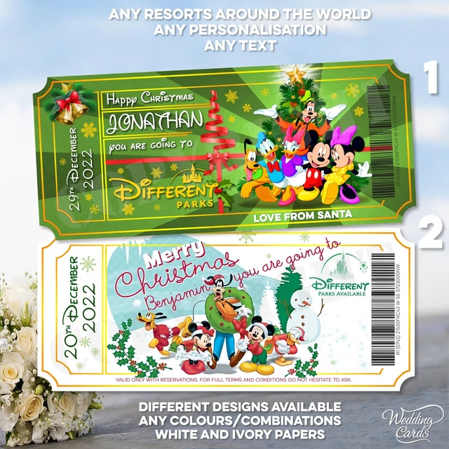 CHRISTMAS CARD DISNEYLAND Paris Disney World Florida Present Ticket
