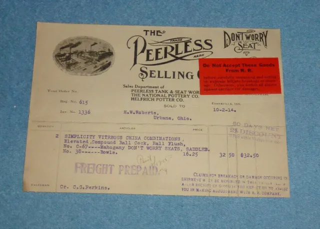 1914 The Peerless Selling Co. Evansville Indiana Billhead
