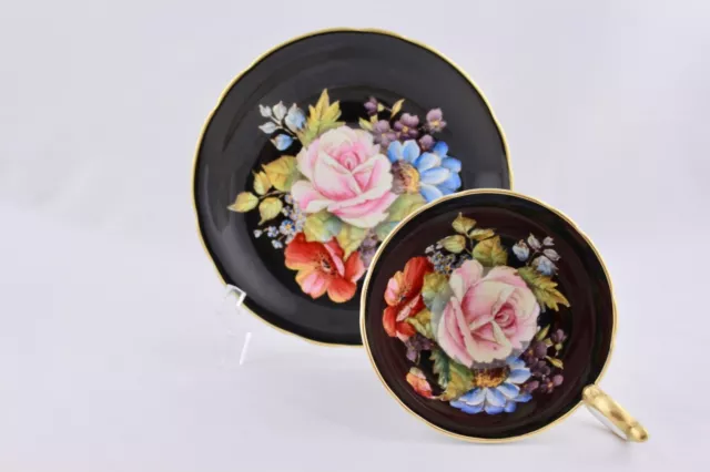 Aynsley Black Cabbage Rose Cup & Saucer Bone China Hand Painted Ja Bailey – Mint