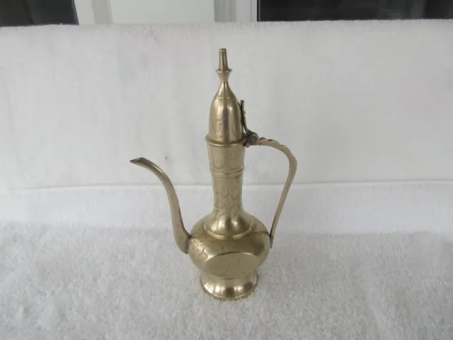 Vintage Ornate Etched Solid Brass Teapot Genie Lamp 9"  Pitcher Made in India!