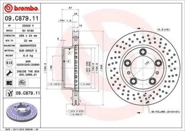 2x BREMBO 09.C879.11 Disque de frein pour PORSCHE BOXSTER (987) CAYMAN (987)