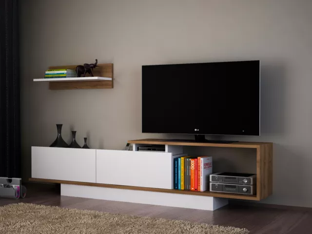 Wohnwand Weiß TV Lowboard Holz Wohnzimmerschrank modern Sideboard Anbauwand 3573