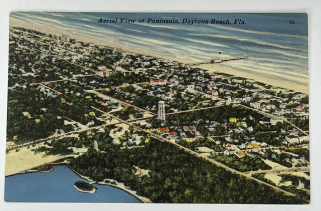 Vintage Linen Postcard  Daytona Beach FL Florida Aerial View of Peninsula Posted
