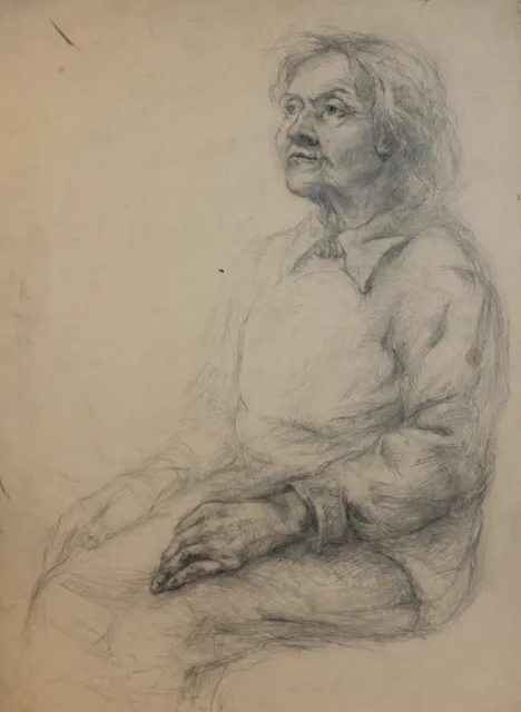 Vintage original pencil drawing old woman portrait
