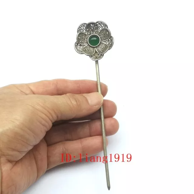 Old Chinese Tibet Silver Hand-made Flower Hairpin Hair Gift Collection L 6 inch