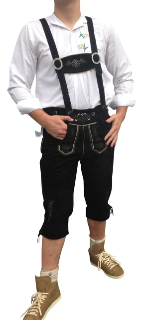 Trachtenlederhose Trachtenhose Herren Lederhose Kniebundhose Schwarz Echt Leder