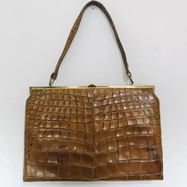 Vintage Fassbender Crocodile Alligator Skin  Hand Bag Brown Tan Large 40s 50s