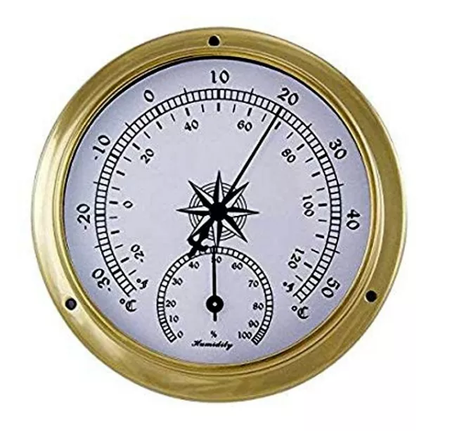 Kleines, leichtes Thermo-/Hygrometer in Bullaugenform aus Messing- 11,5 cm