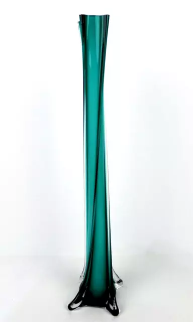 VINTAGE Hand Blown Murano Style Twist Glass Green & Clear Glass Bud Vase 15.75"