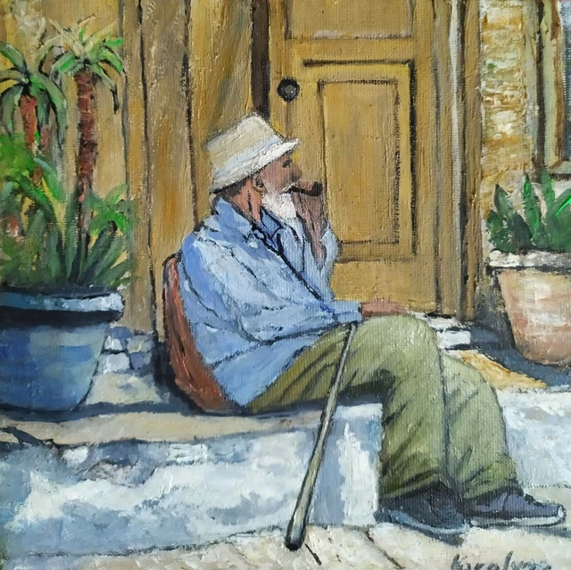 Peinture à l'huile sur toile -Un vieil homme avec une pipe