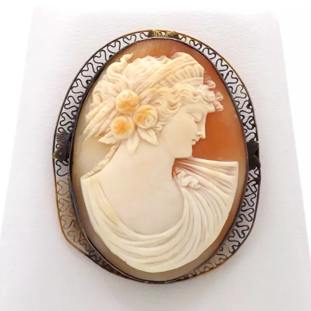 Victorian 14K Gold Carved Shell Cameo Large Brooch Pin Pendant Filigree Frame