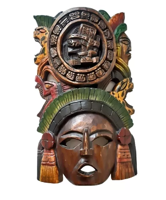 Mexico Mayan Jaguar Warrior Hand Carved Wooden 16" Mask Wall Art Aztec Celestial
