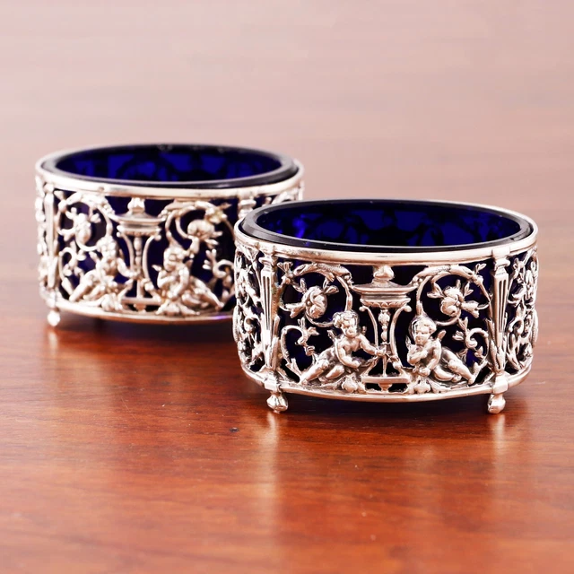 2 Paillard Freres French 950 Silver Salt Cellars Pierced Putti Florals 1868-88