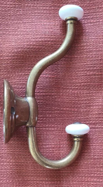 2003 LHMC Brass & Porcelain Double Coat Hooks 6.5" Pre-owned