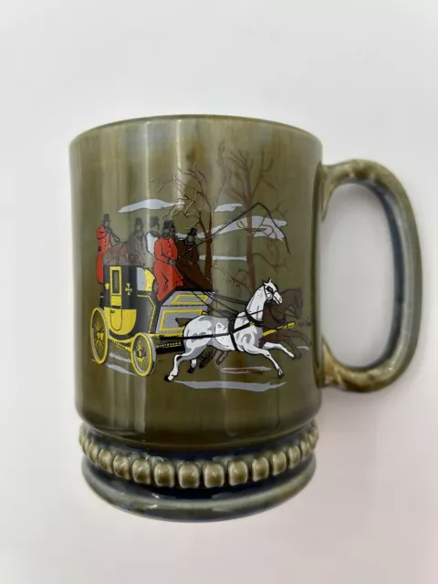 Wade Irish Porcelain Coffee Cup Horses Carriage Green Blue Ireland Vintage 1950s