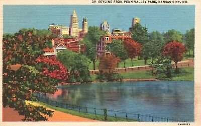 Kansas City, MO, Skyline from Penn Valley Park, 1946 Vintage Postcard b3718